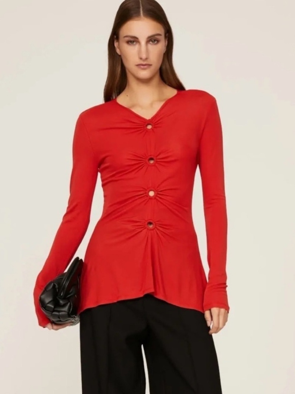 Proenza Schouler White Label Red Long Sleeve Ring Cut Out Crepe Top Size 2